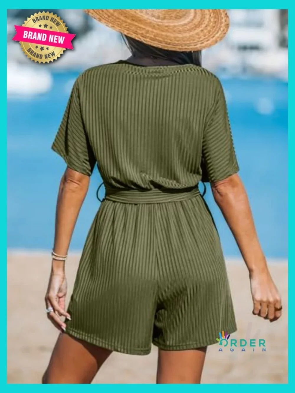 Ribbed V-Neck Romper Short Sleeve Casual Dressy Jumpsuit with Waist Tie
